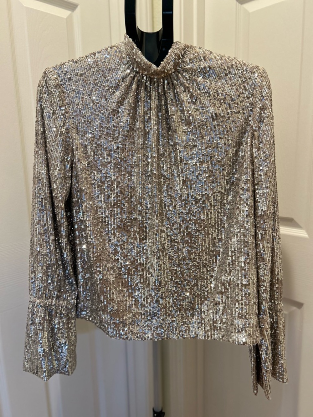 Zadig & Voltaire Silver Sequin Long-Sleeve Mock Neck Top